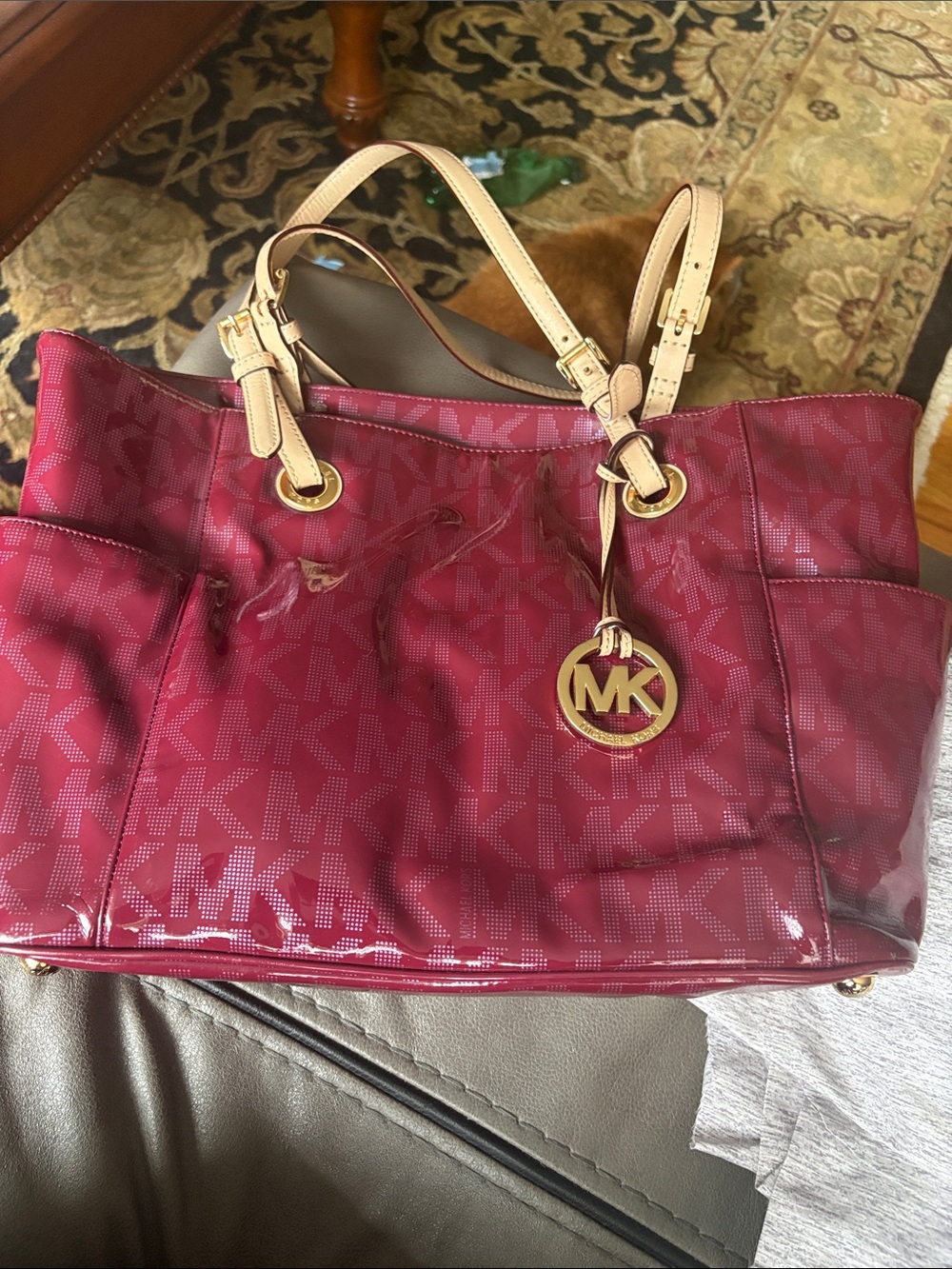 Michael Kors Berry Patent Tote with Gold MK Charm and Cream Straps
